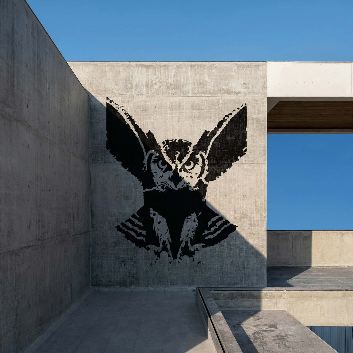 Shadowy Sinister Owl Stencil creates a striking winged mural on a concrete wall