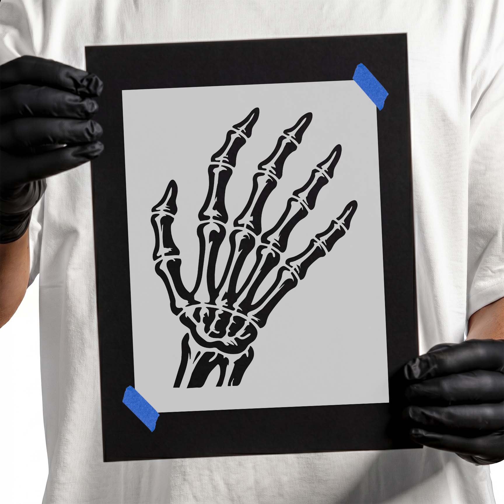 Detailed open skeleton hand bones stencil with extended fingers
