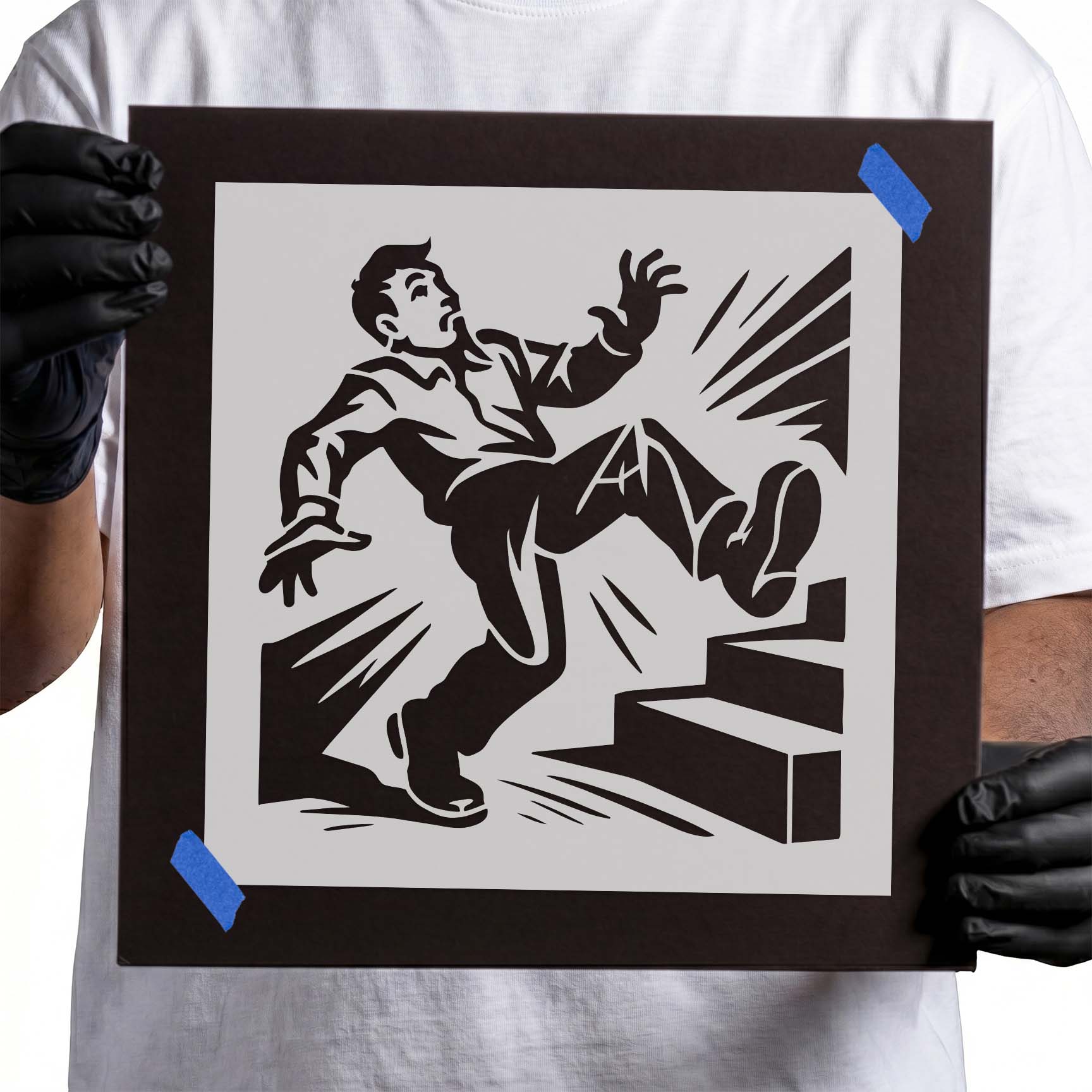 Slip hazard stencil showing person slipping on stairs
