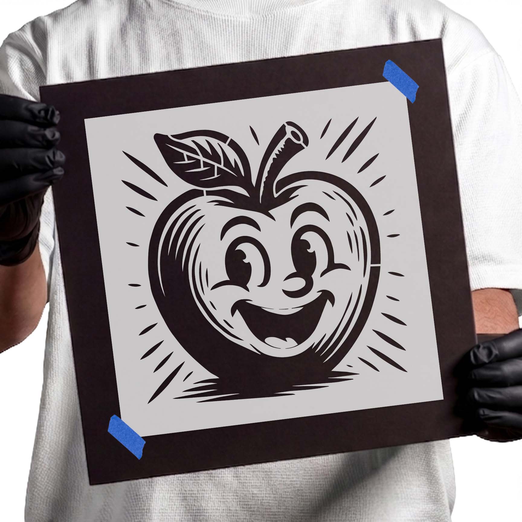 Cute smiling cartoon apple with leaf stencil design
