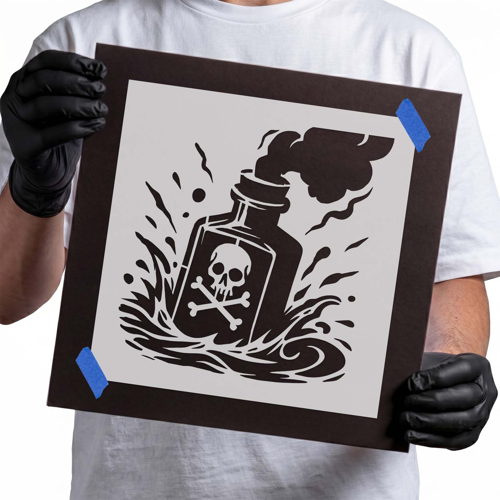 Smoking poison bottle with skull and crossbones surrounded by splashing liquid stencil
