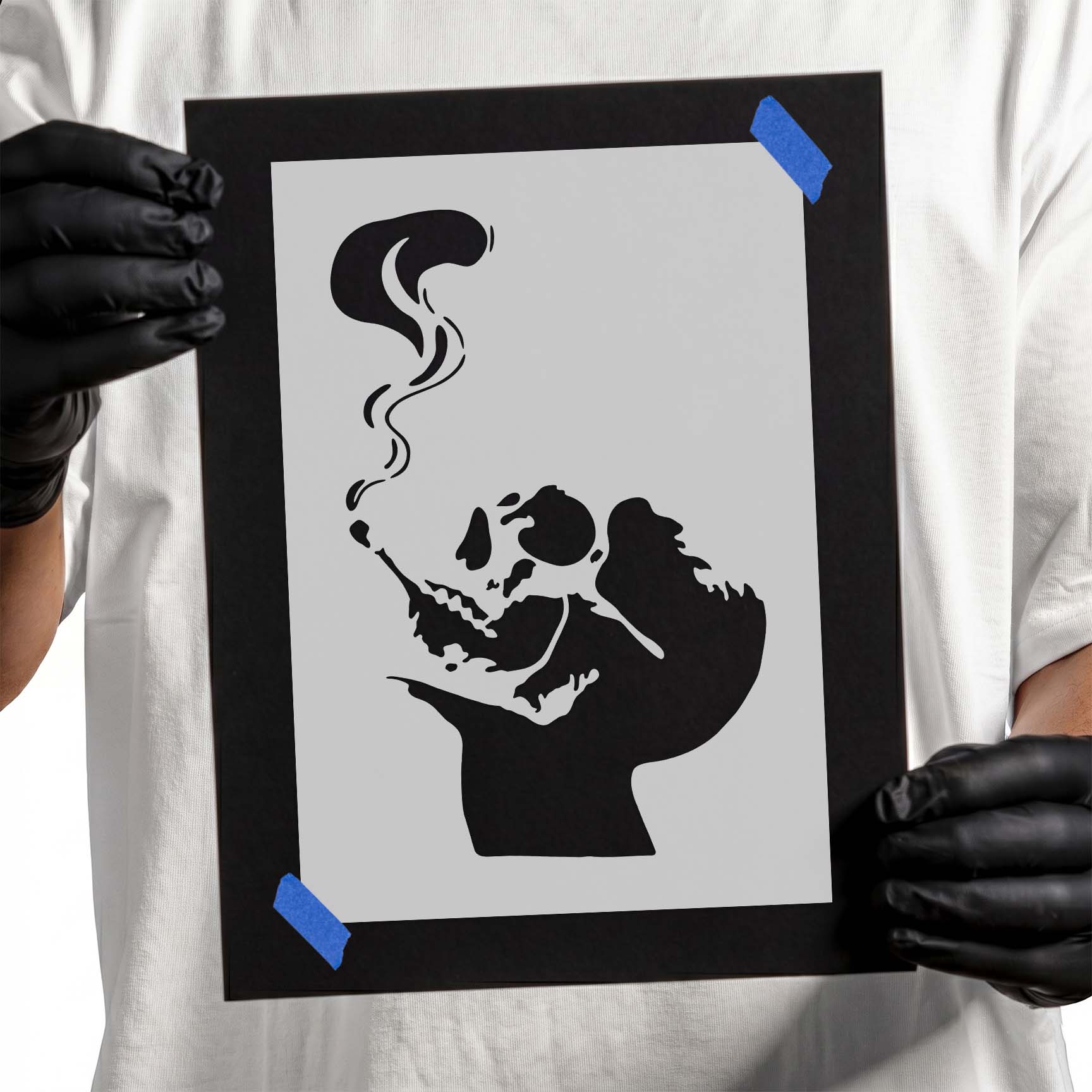 Skull smoking with rising smoke stencil design