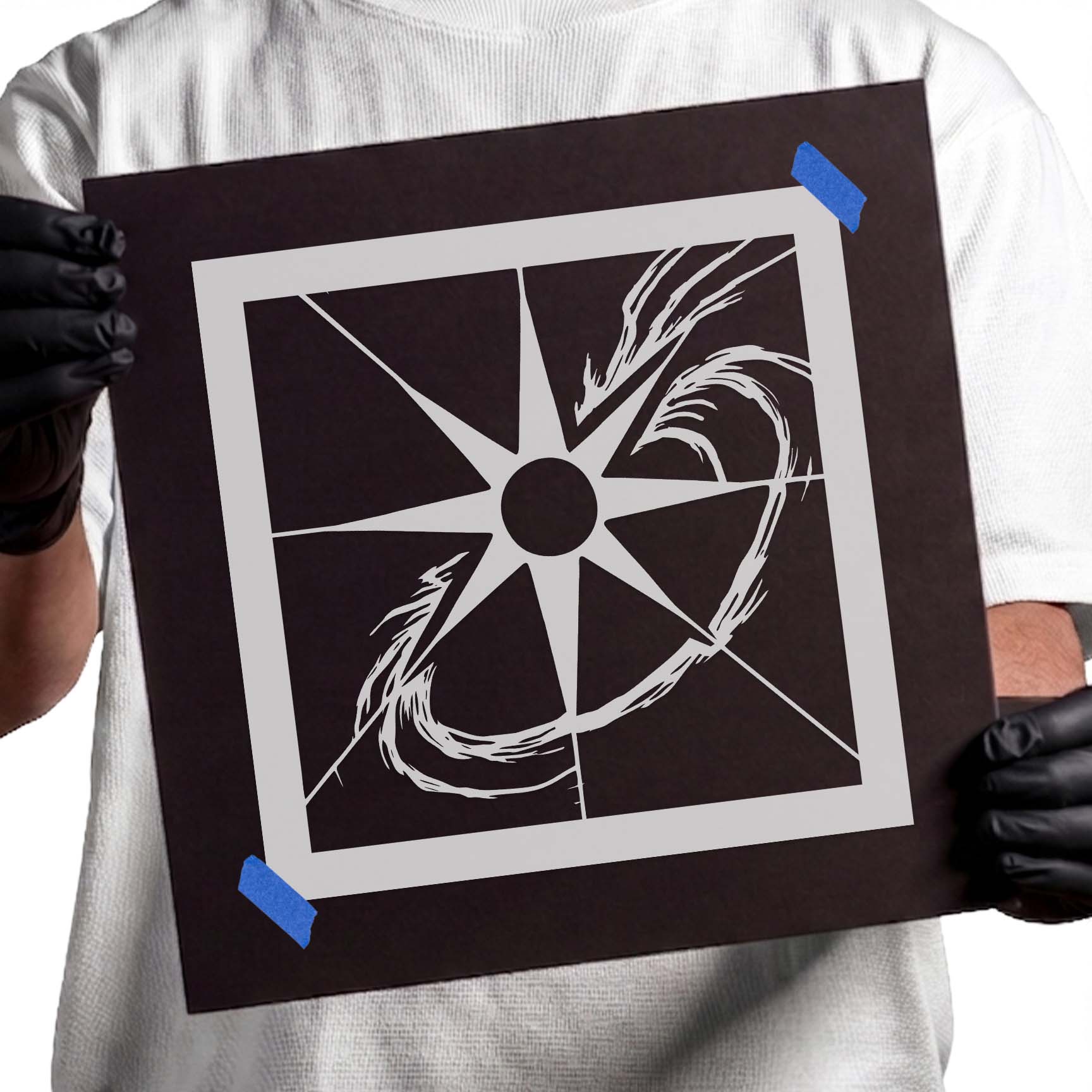 Sun stencil with sweeping orbital flare design
