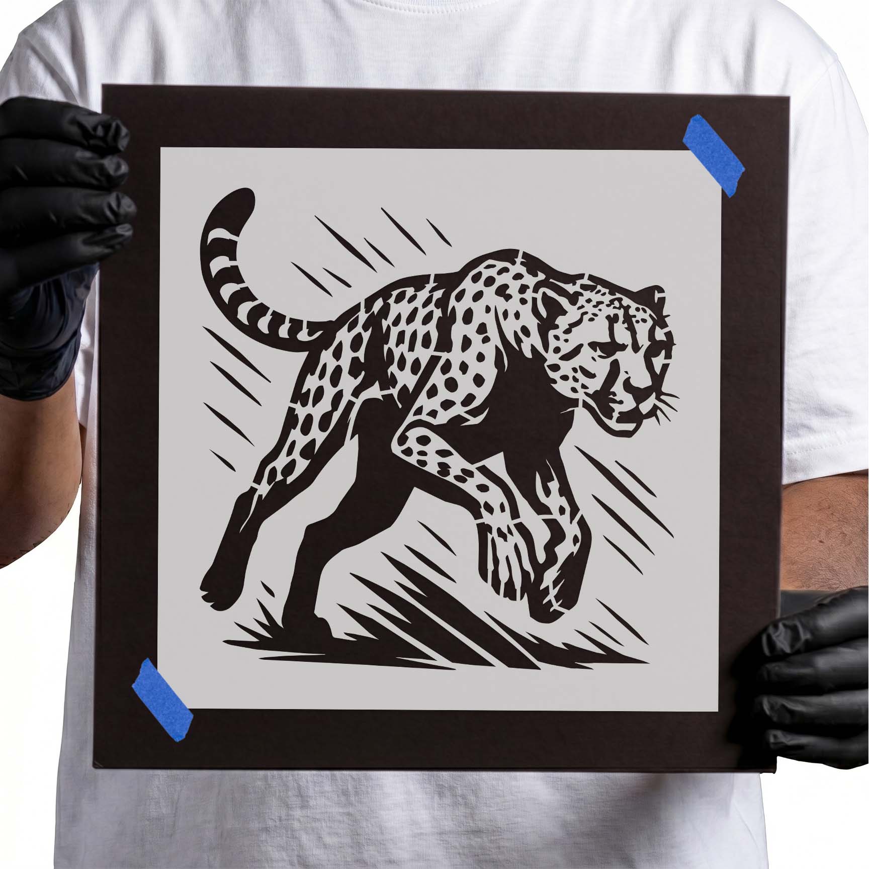 Running spotted cheetah stencil with dynamic motion lines
