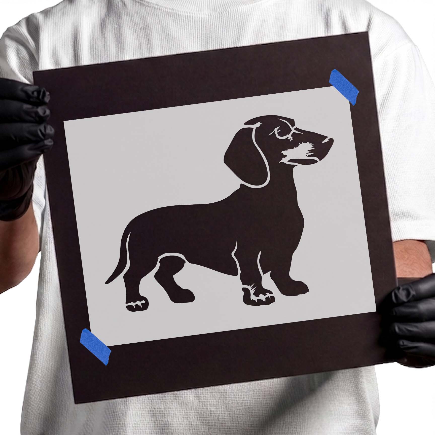 Standing dachshund stencil featuring a detailed side profile of a long-bodied dog with floppy ears and short legs for DIY crafts
