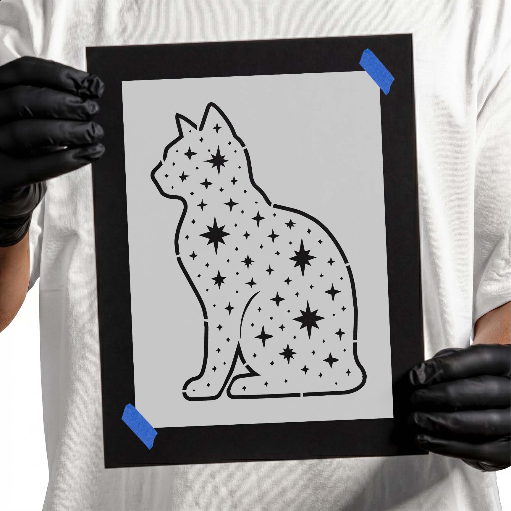 Sitting cat silhouette stencil filled with decorative stars