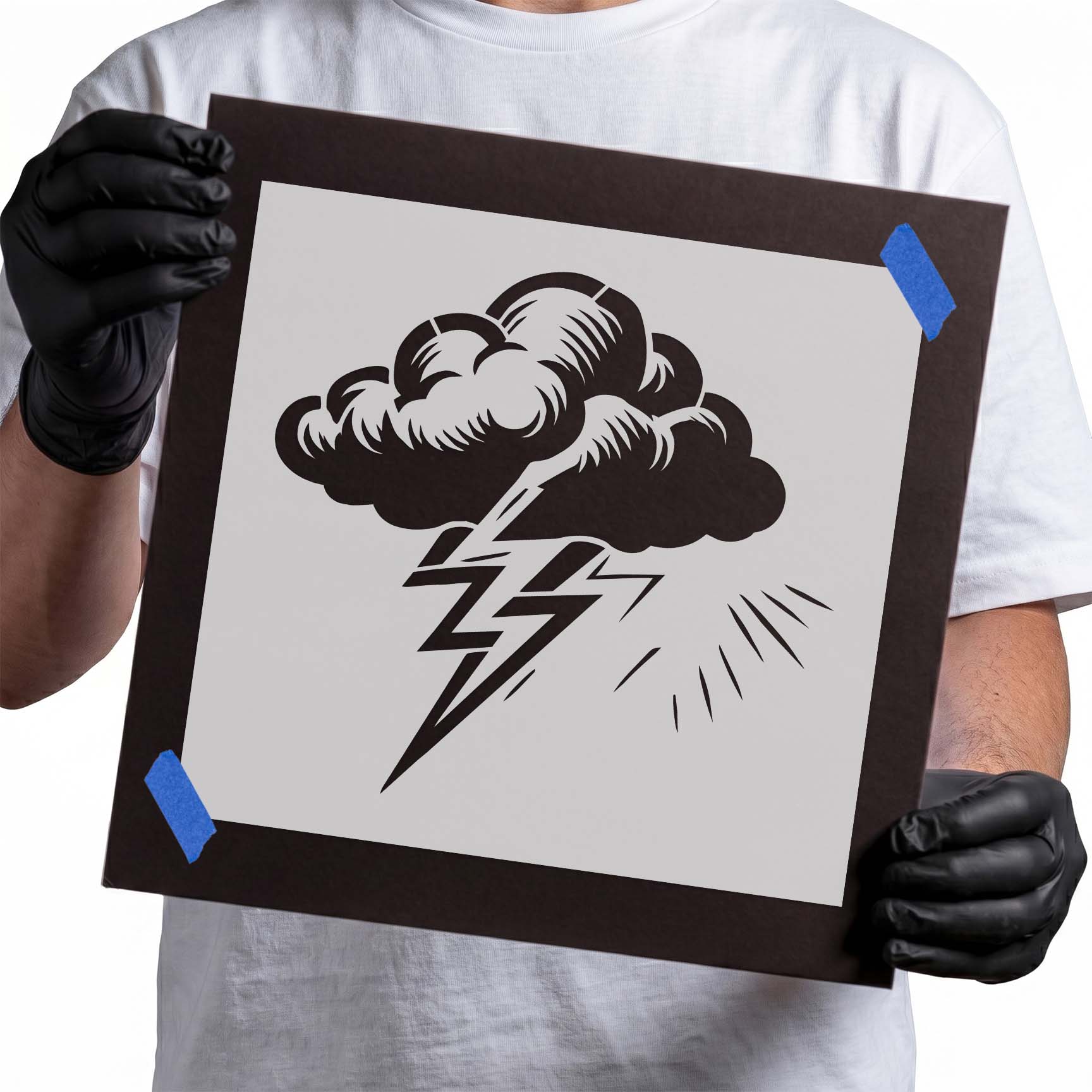 Bold storm cloud stencil with lightning bolt and radiant weather accents
