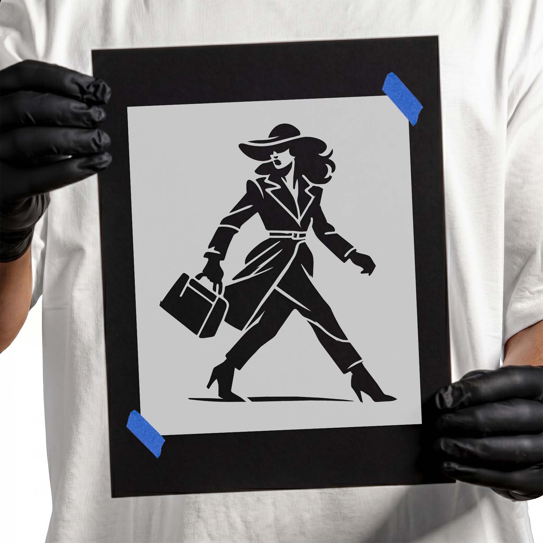 Fashionable woman silhouette walking with handbag and wide-brim hat stencil