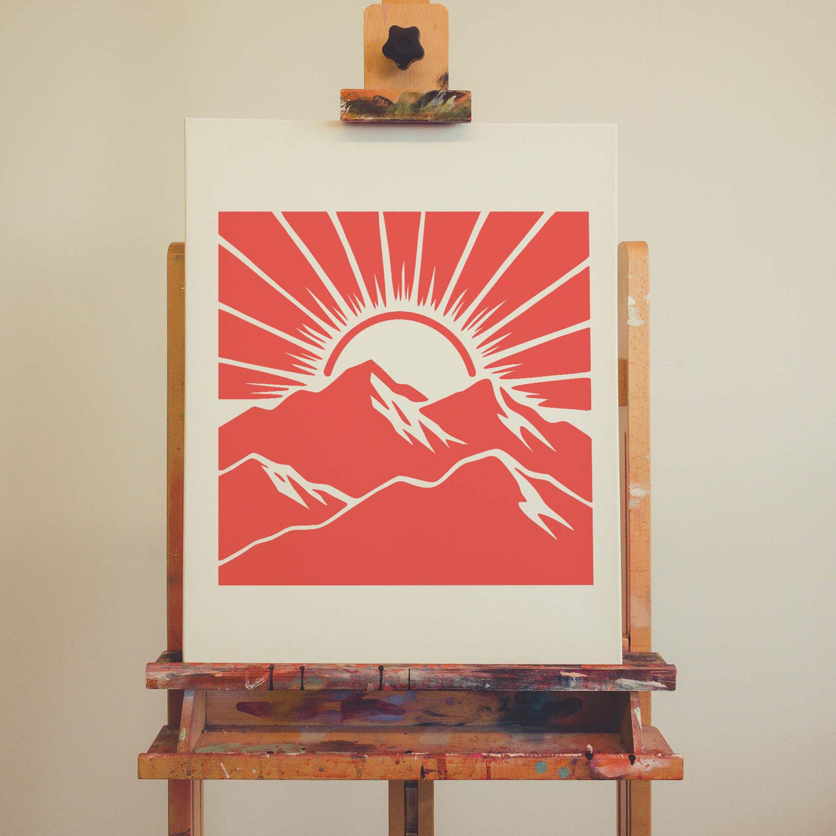 Mountain peaks glow beneath a radiant sun in this Sunrise Mountain Landscape Stencil artwork on white canvas.