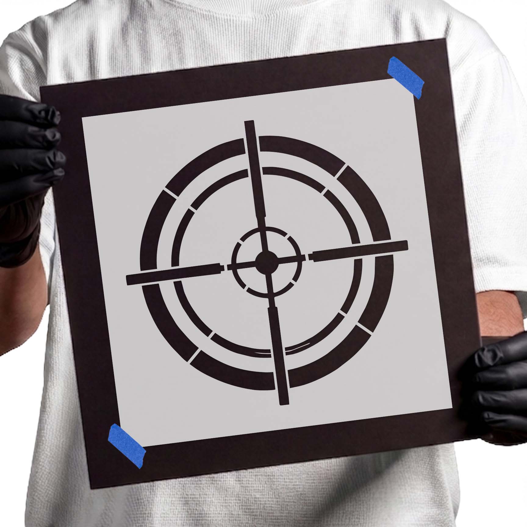 Circular crosshair reticle stencil with segmented concentric rings
