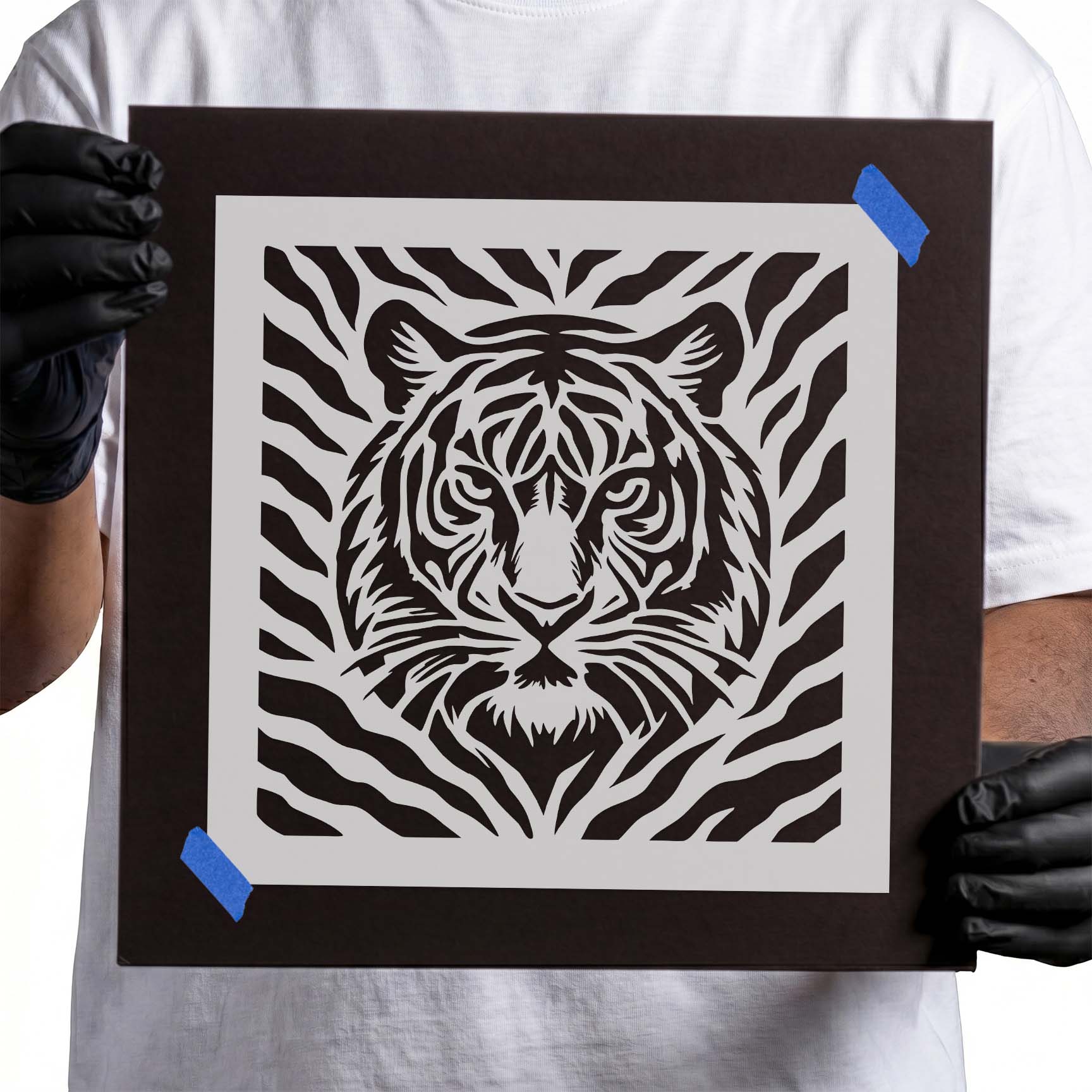 Tiger Stripe Pattern with Tiger Face Stencil featuring a fierce tiger within bold stripes.
