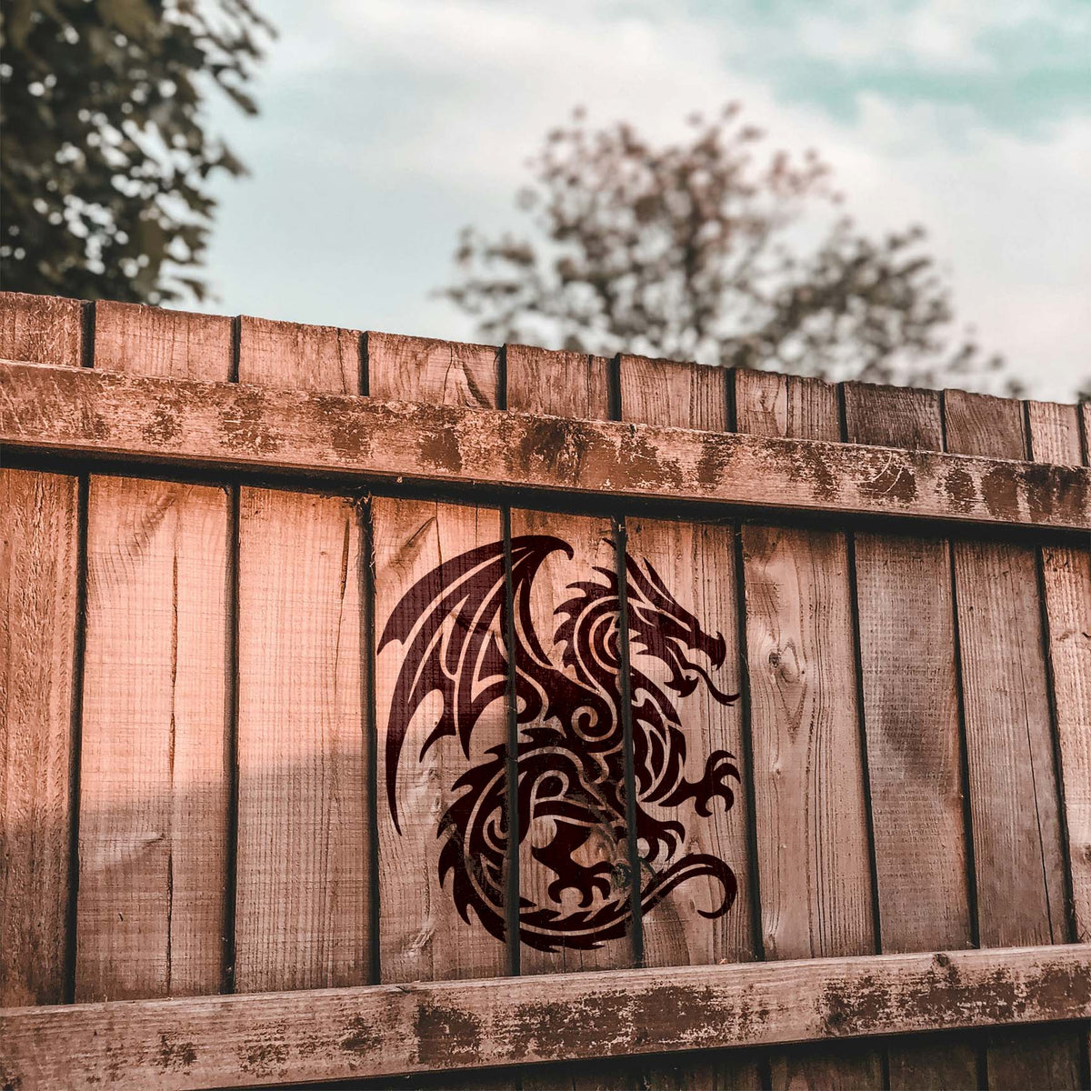 On a rustic wooden fence, the Tribal Fire Dragon Stencil reveals a horned dragon with sharp claws and a curled tail.