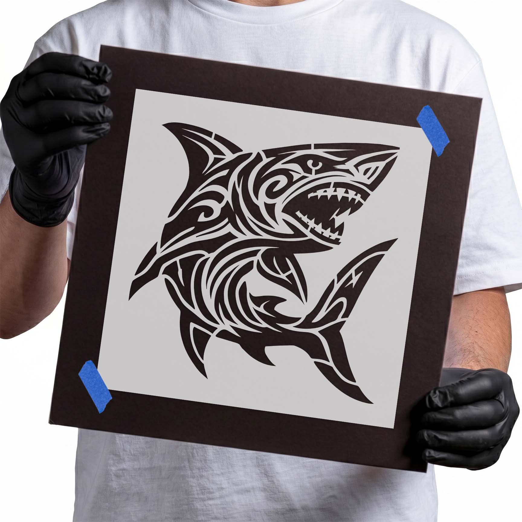 Tribal style great white shark stencil design
