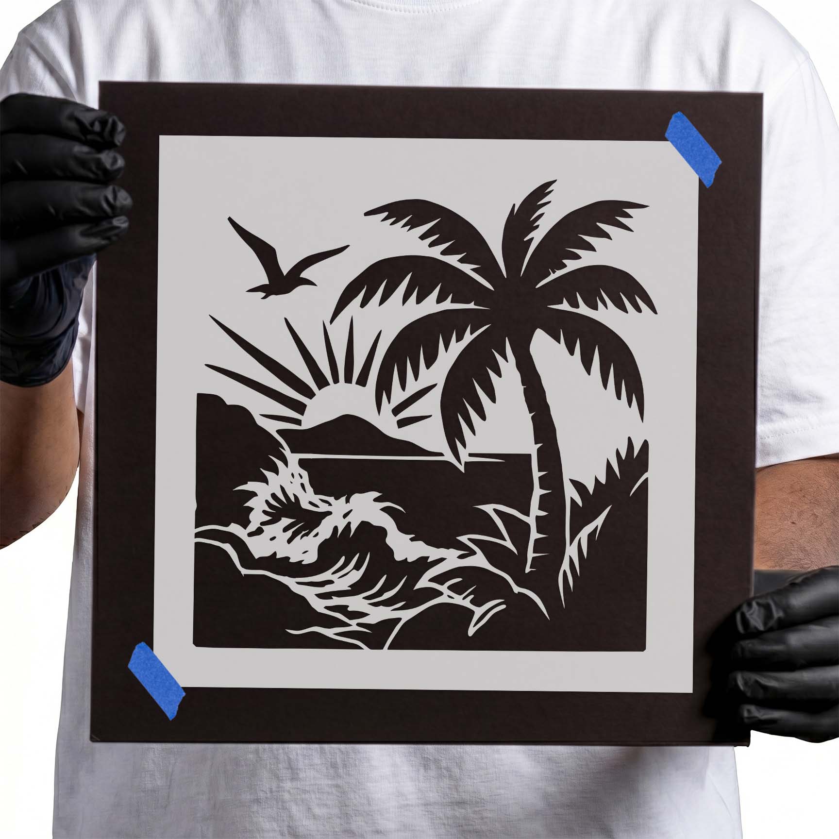 Tropical beach with palm tree, waves, sunset and bird stencil