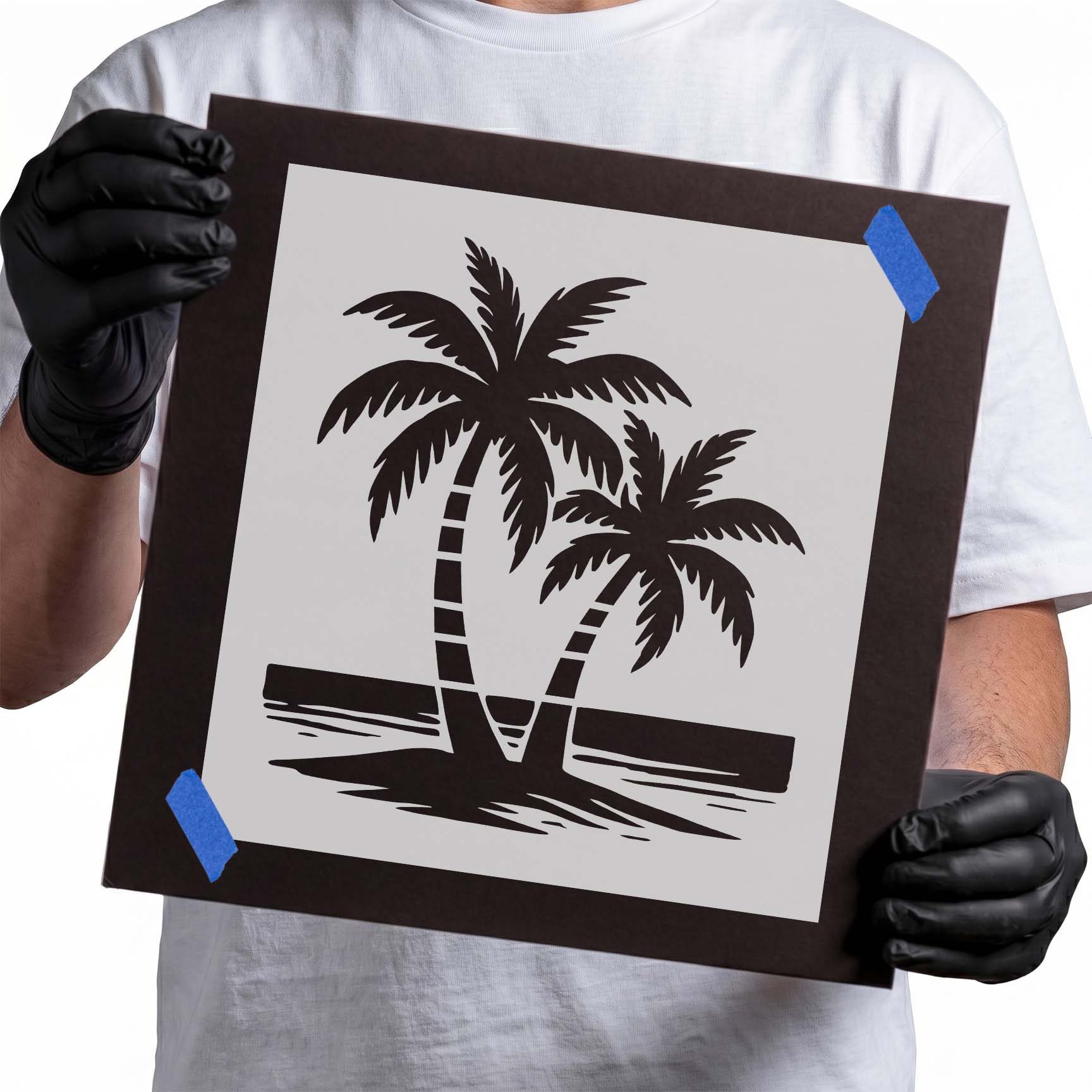 Tropical Palm Beach Stencil with two palm trees and shoreline
