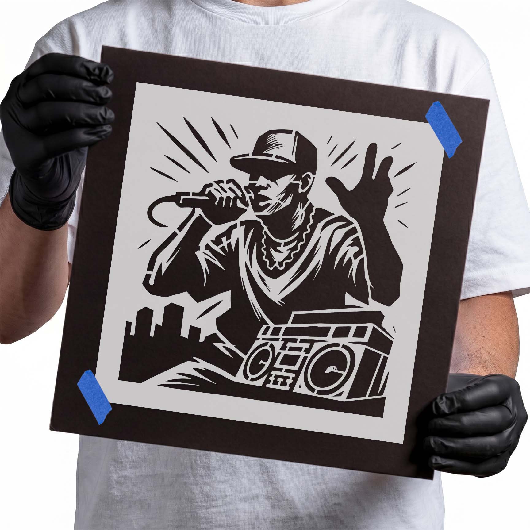 Hip hop performer with microphone and boombox stencil design
