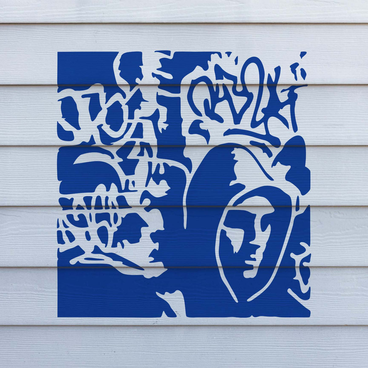 A mix of graffiti lettering and hooded portrait defines the Urban Street Graffiti Stencil on white siding.