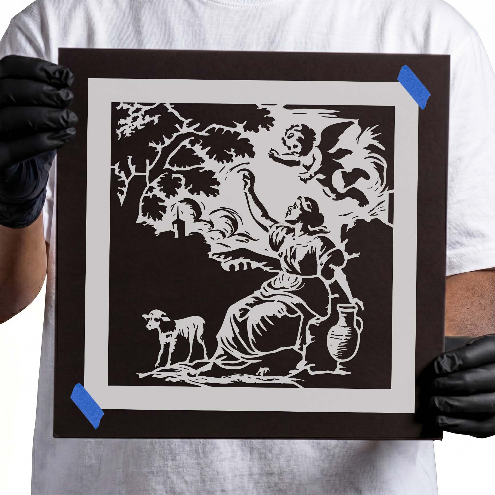 French toile stencil with shepherdess, cherub, and lamb
