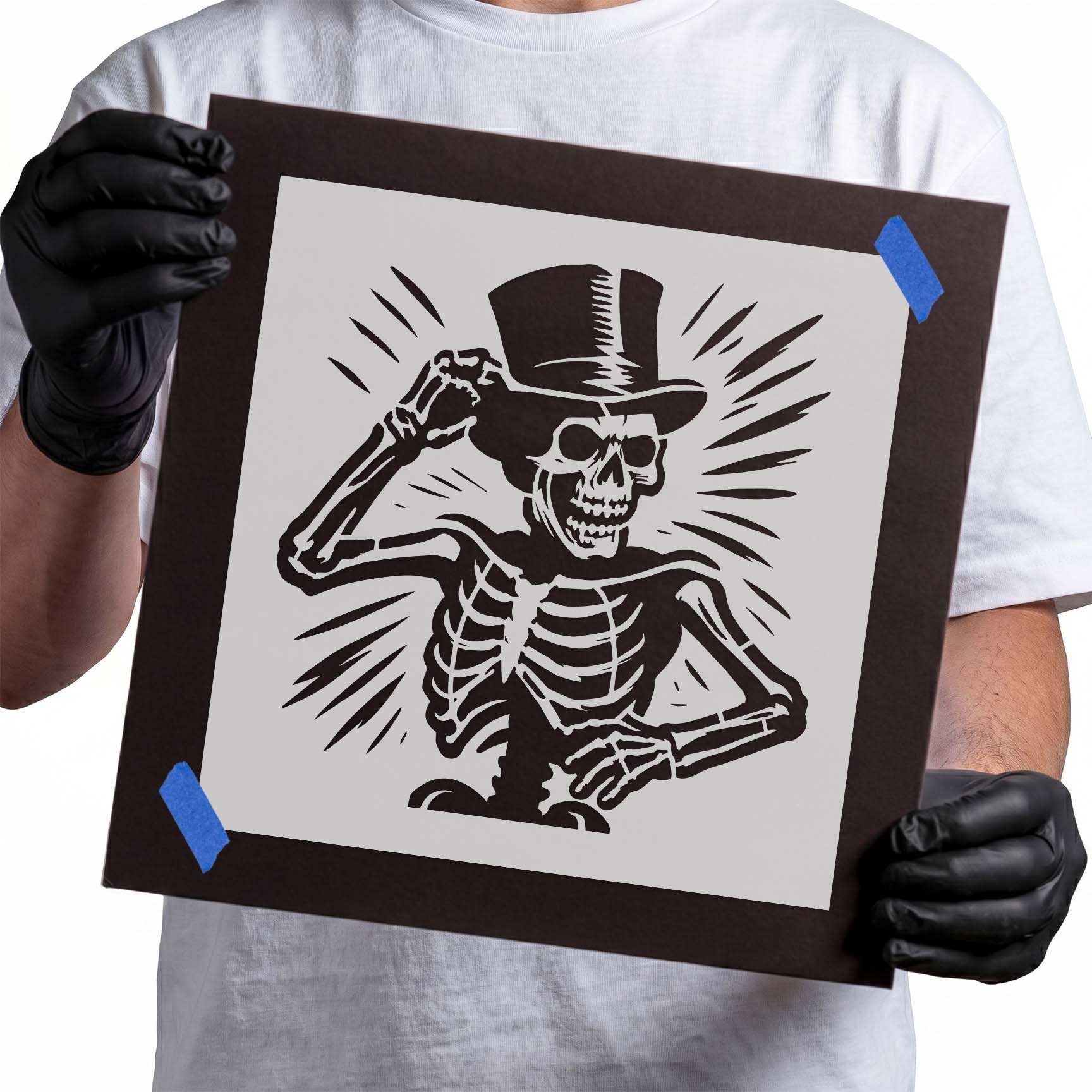 Skeleton wearing a tall top hat with burst lines stencil