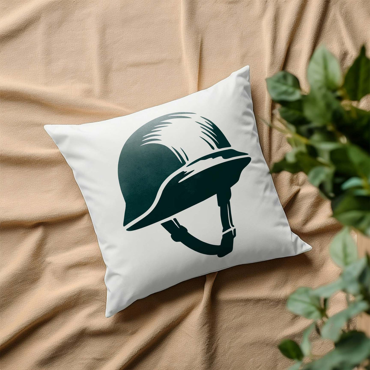WWII Style Helmet Stencil printed on a white pillow with a bold military helmet design
