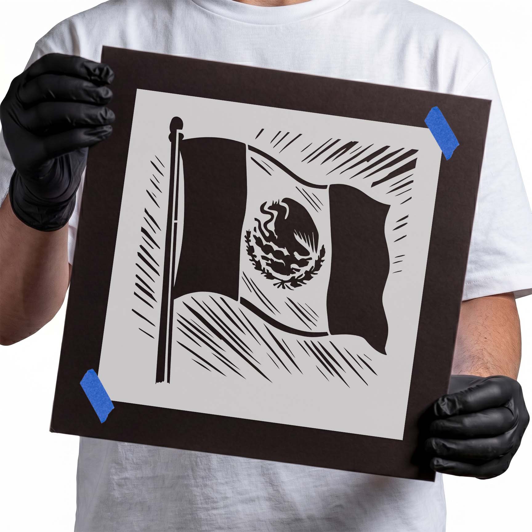 Waving Mexico flag with national coat of arms stencil