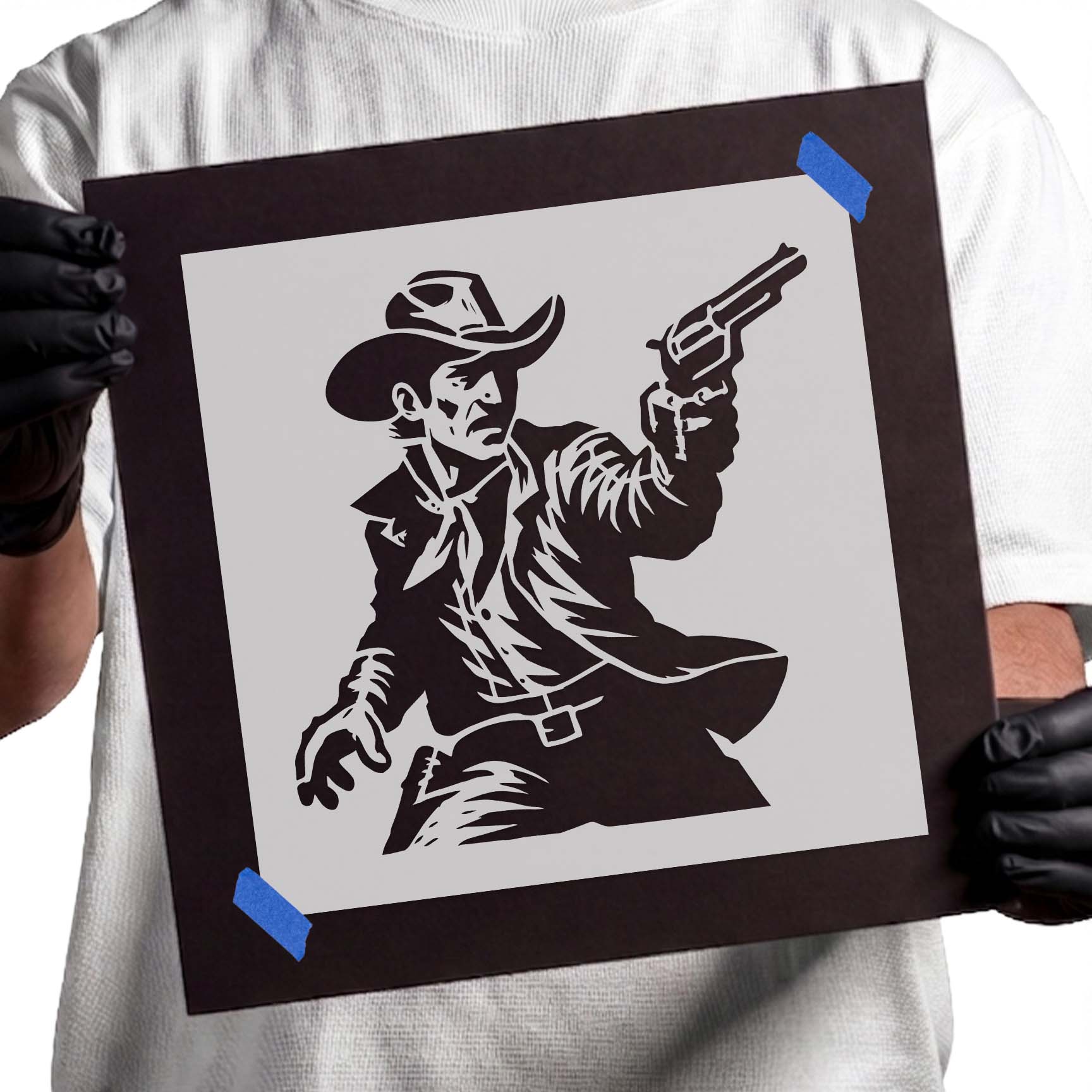 Cowboy aiming revolver western stencil design

