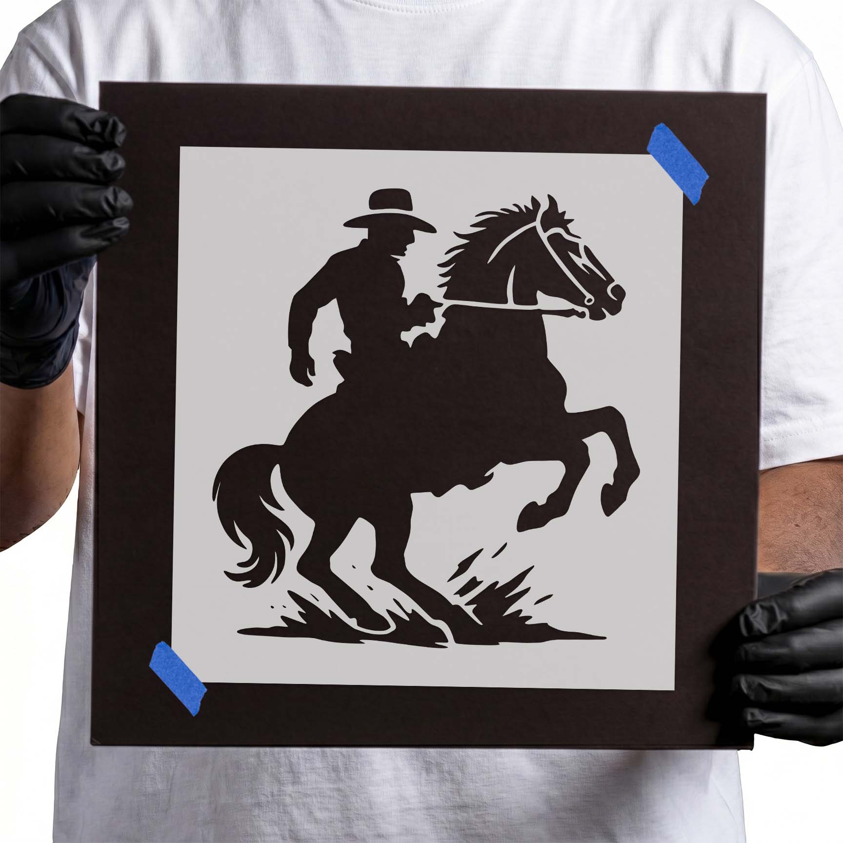 Cowboy riding a rearing horse western silhouette stencil design
