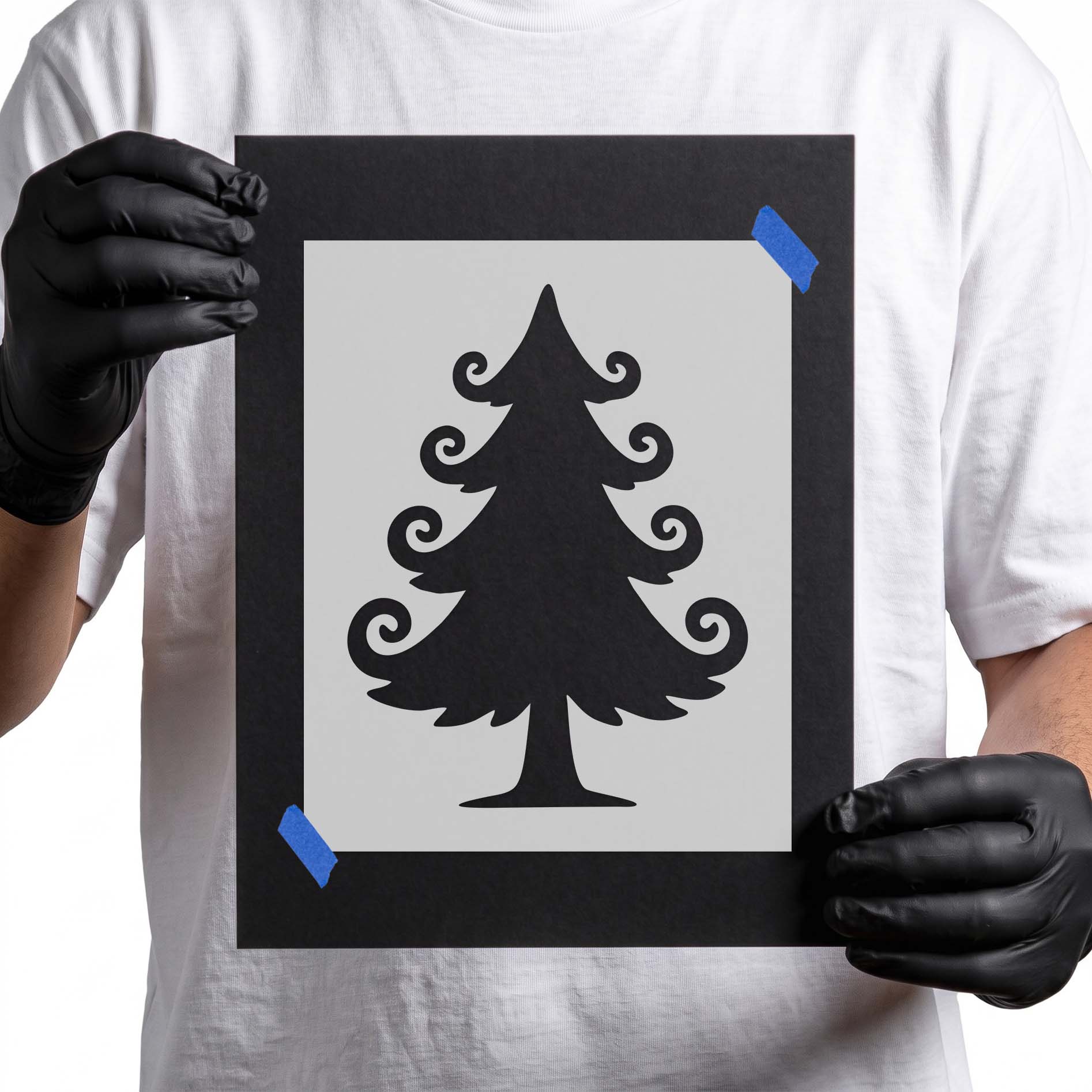Whimsical Christmas Tree Stencil featuring a stylized evergreen tree with curled branches