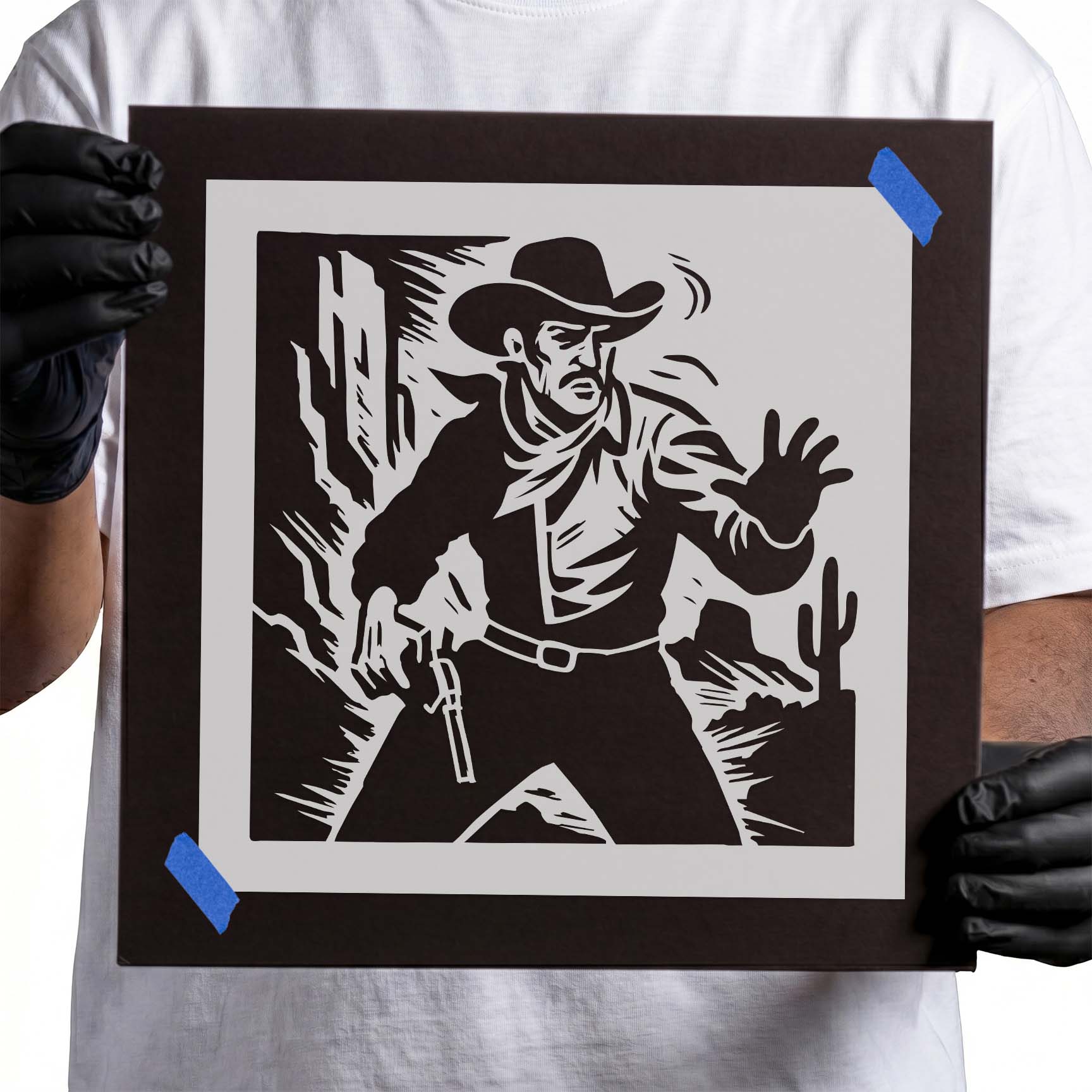 Wild West cowboy stencil with raised hand and holstered revolver