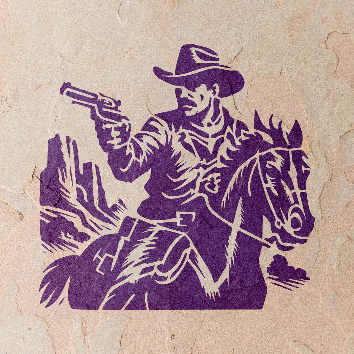 Against a textured stucco wall, the Wild West Gunslinger Stencil shows a mounted cowboy with a revolver.