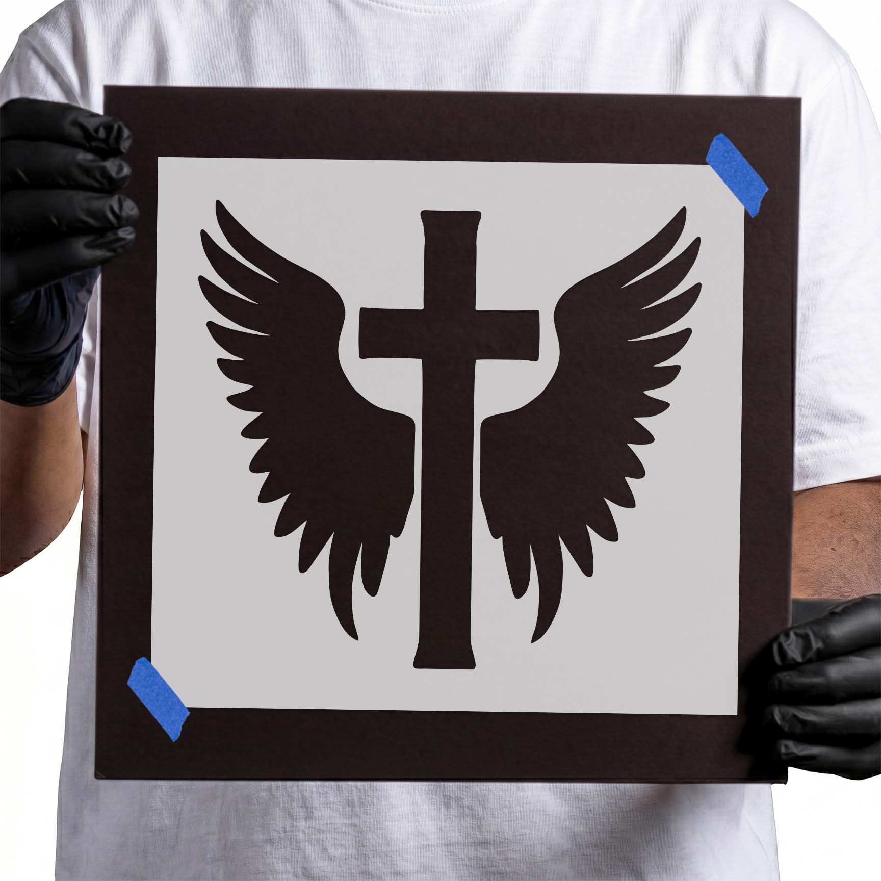 Christian cross with symmetrical angel wings in a clean bold silhouette
