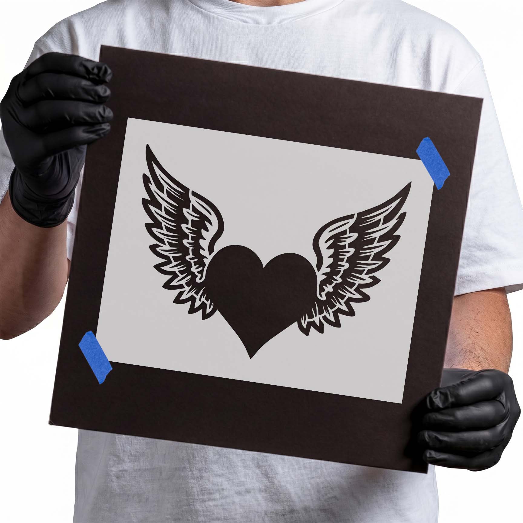Heart with detailed feathered wings stencil design