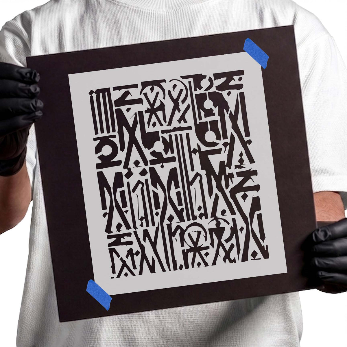 Abstract Geometric Symbols Pattern Stencil with angular glyphs, circles, diamonds, and bold lines