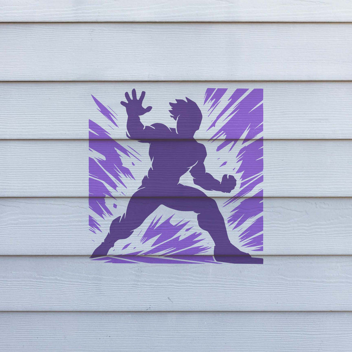Against white siding, the Action Hero Silhouette Stencil features a vivid purple action pose