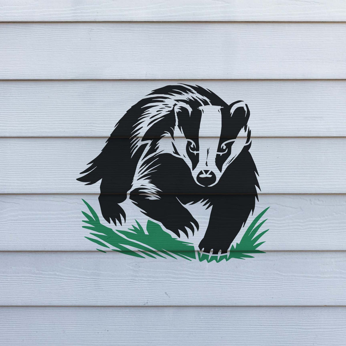 Alert Badger Wildlife Stencil painted on white exterior wall