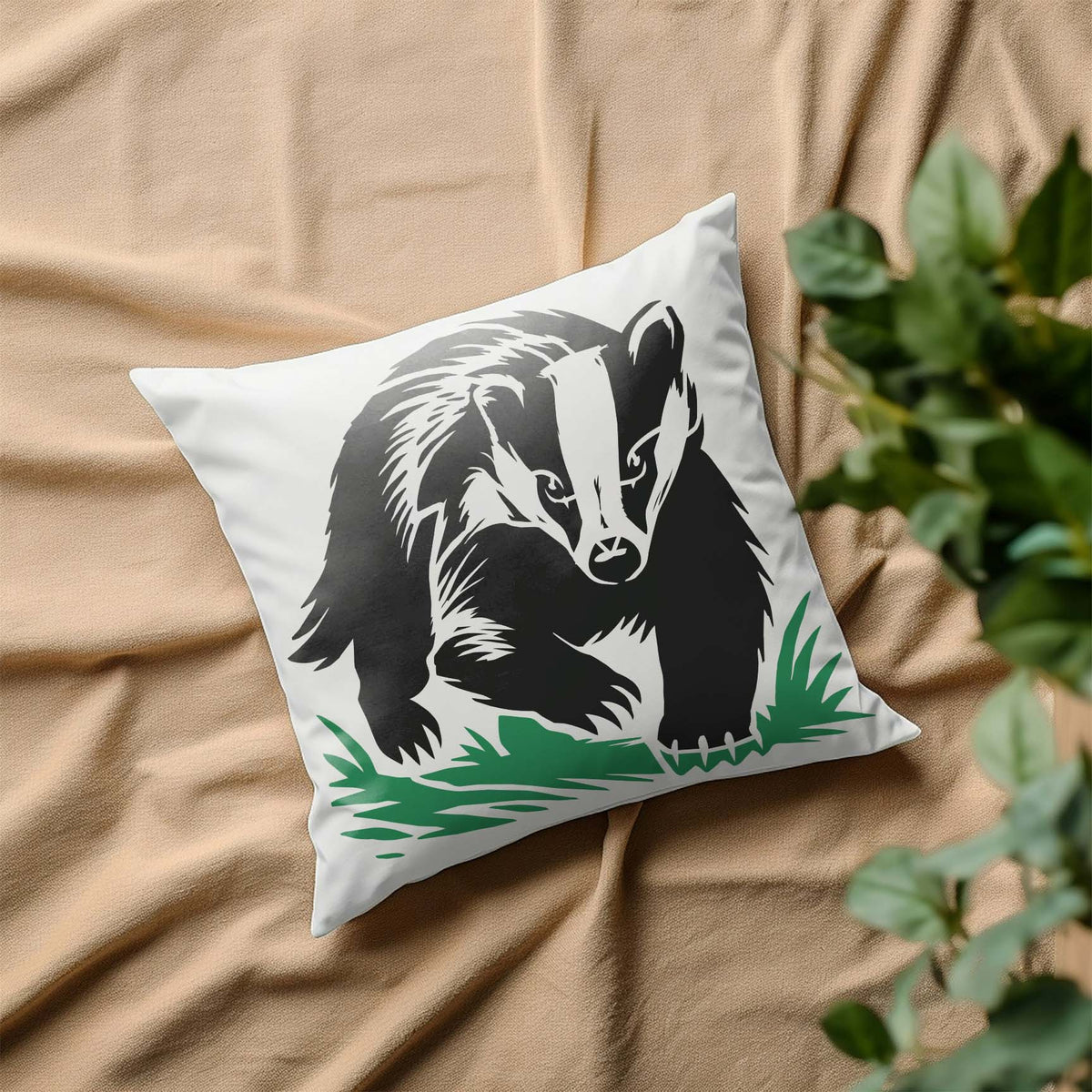 Alert Badger Wildlife Stencil displayed on white decorative pillow
