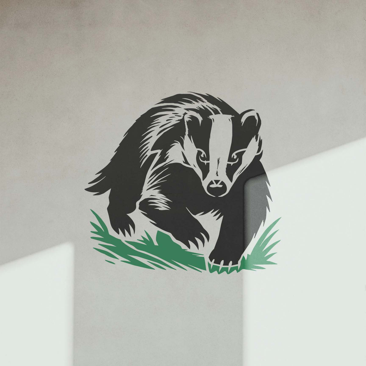 Alert Badger Wildlife Stencil painted on wall with natural shadow