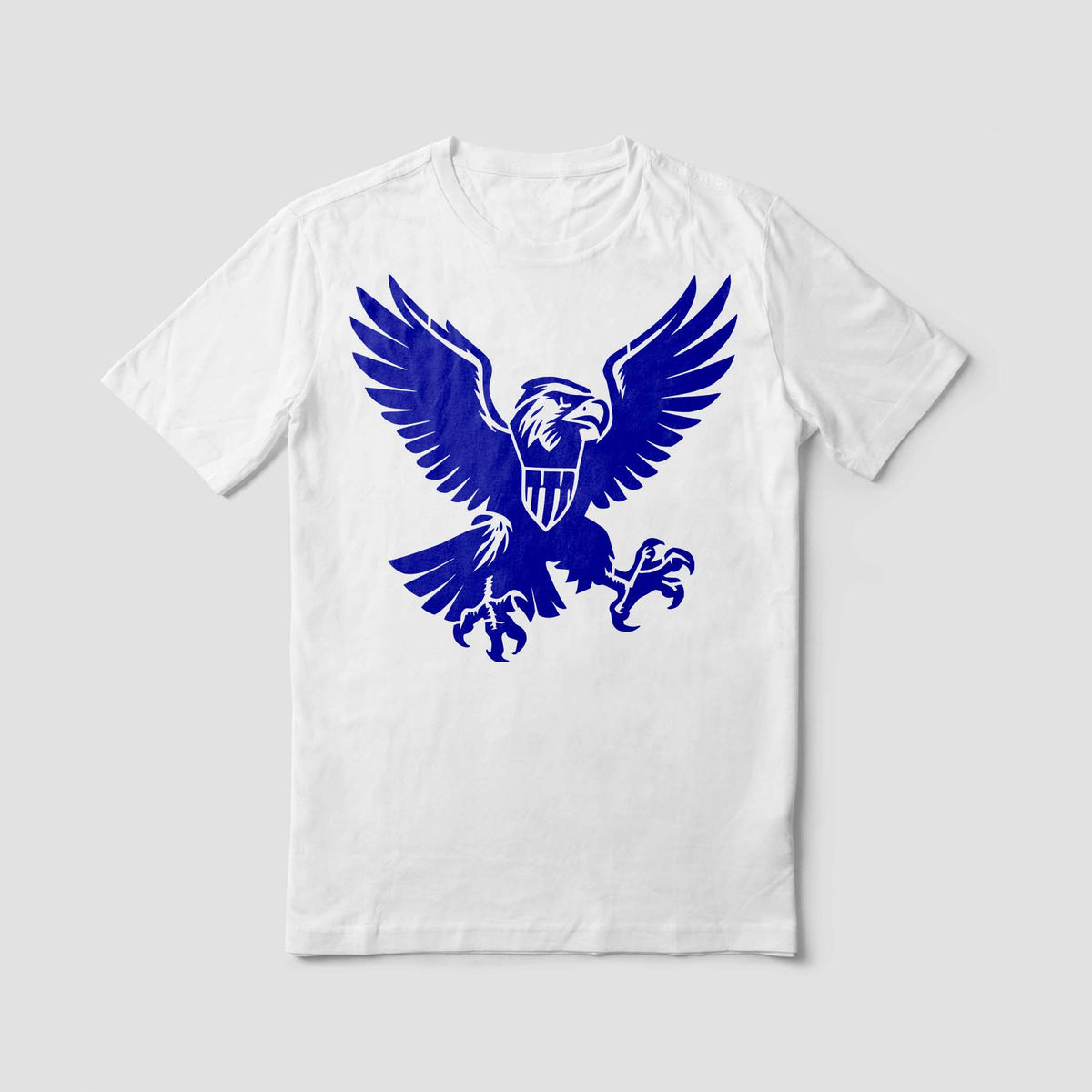 Striking blue American Eagle Crest Stencil adds a bold eagle with extended claws to a plain white T-shirt.