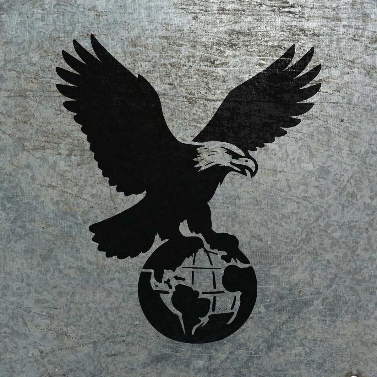 On weathered metal, the American Eagle Perched on Globe Stencil reveals a fierce eagle gripping the Earth.