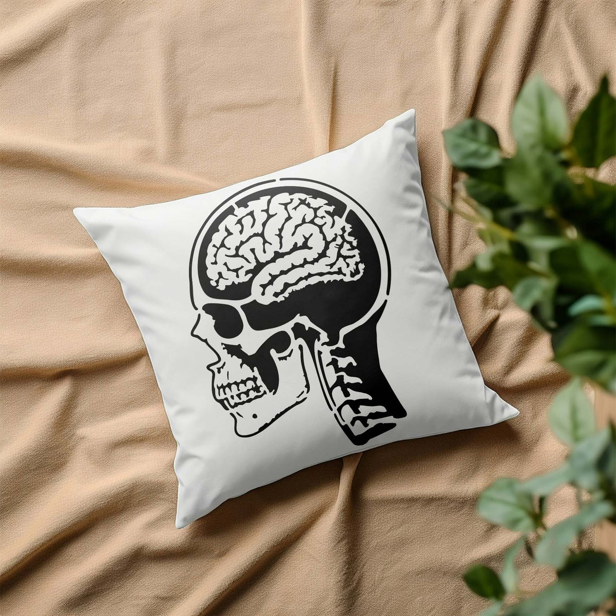 Anatomical Skull & Brain Stencil shows a detailed side-profile skull and exposed brain on a white pillow