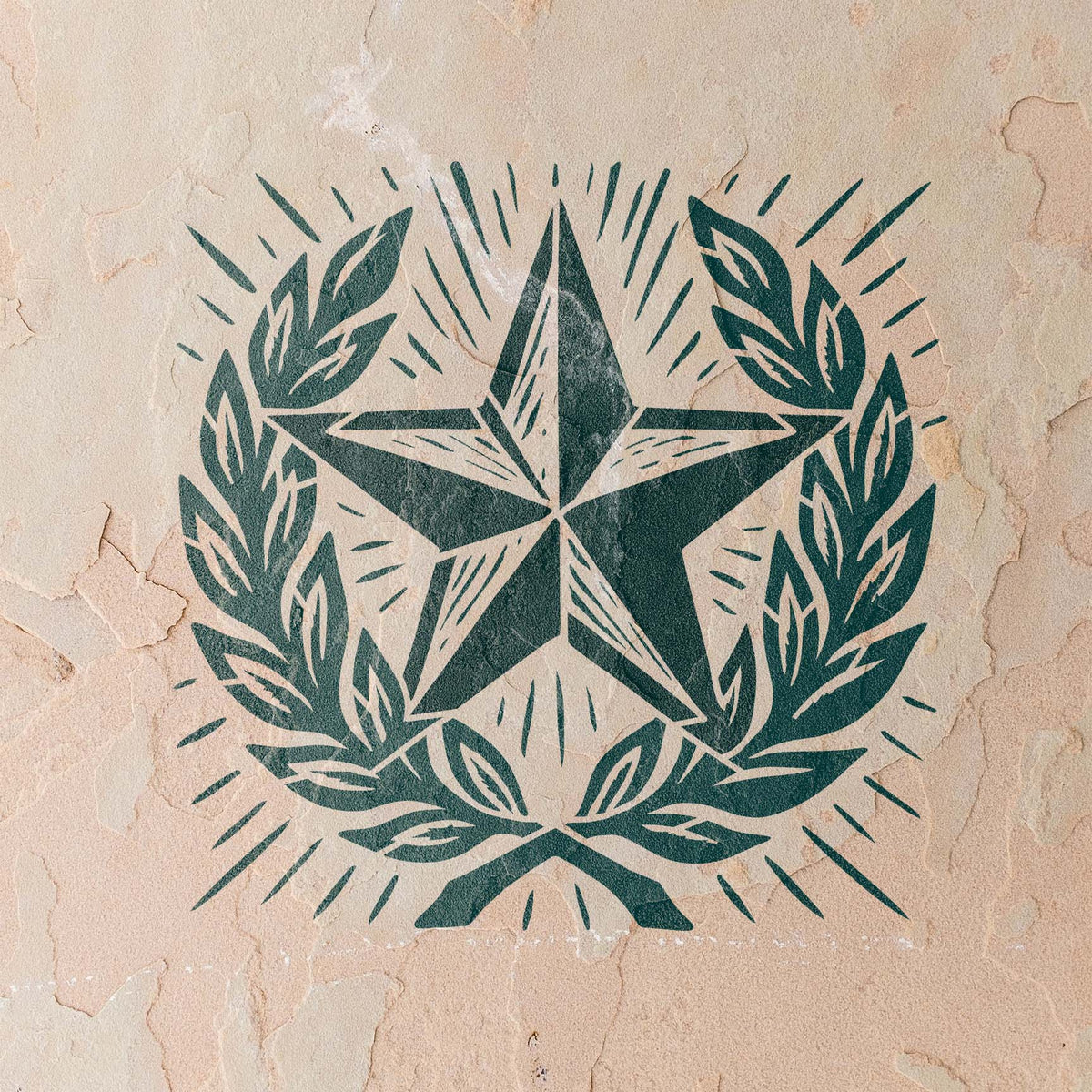 Laurel branches encircle a five-point star in this Military Star Laurel Wreath Stencil on a textured wall.