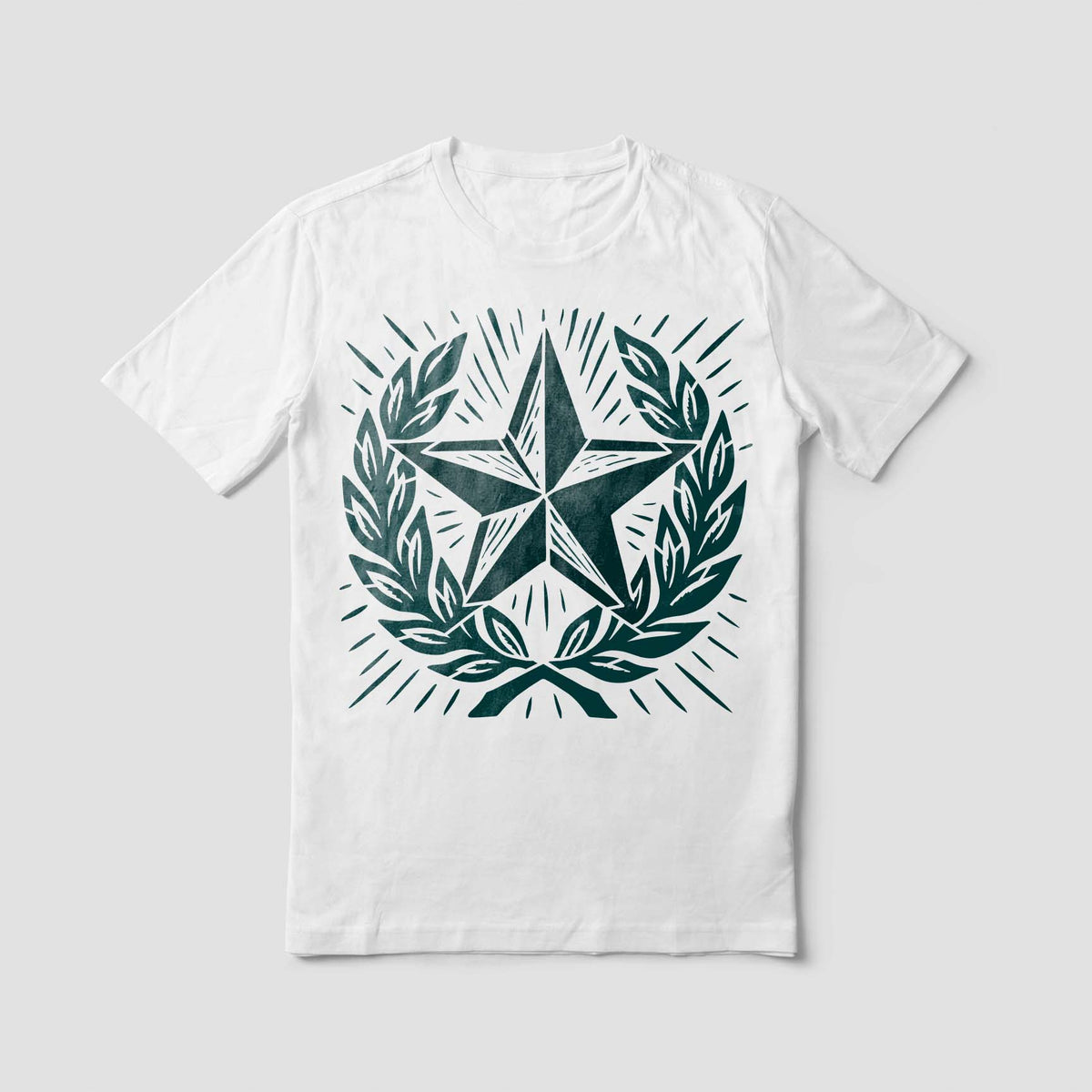 Bold star and leafy wreath Military Star Laurel Wreath Stencil printed across the front of a white shirt.