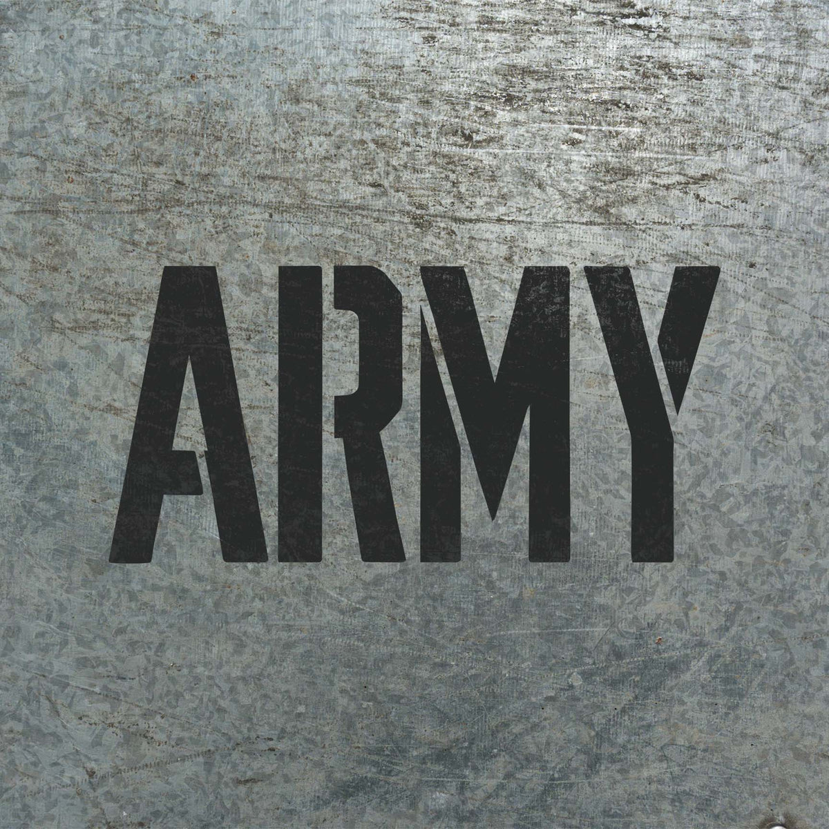 Army Word Stencil in bold black lettering painted across a textured metal surface.