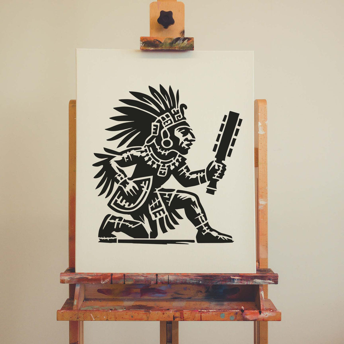 Aztec Warrior Stencil painted black on a white canvas displayed on an easel.