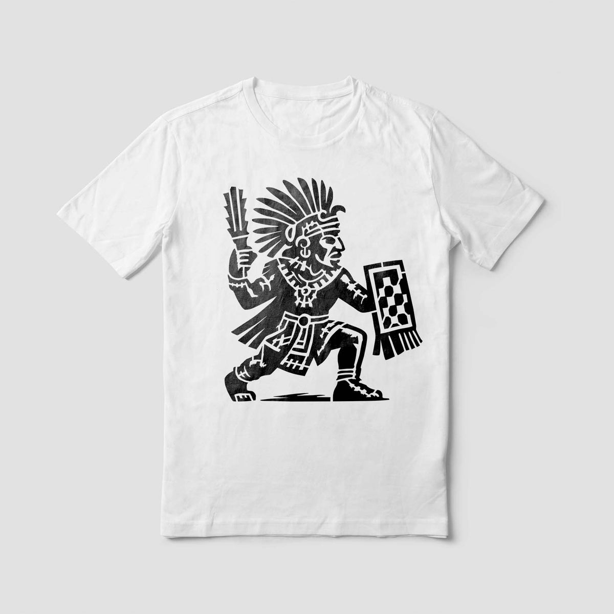 Aztec Warrior Shield Stencil printed black on the front of a white T-shirt.