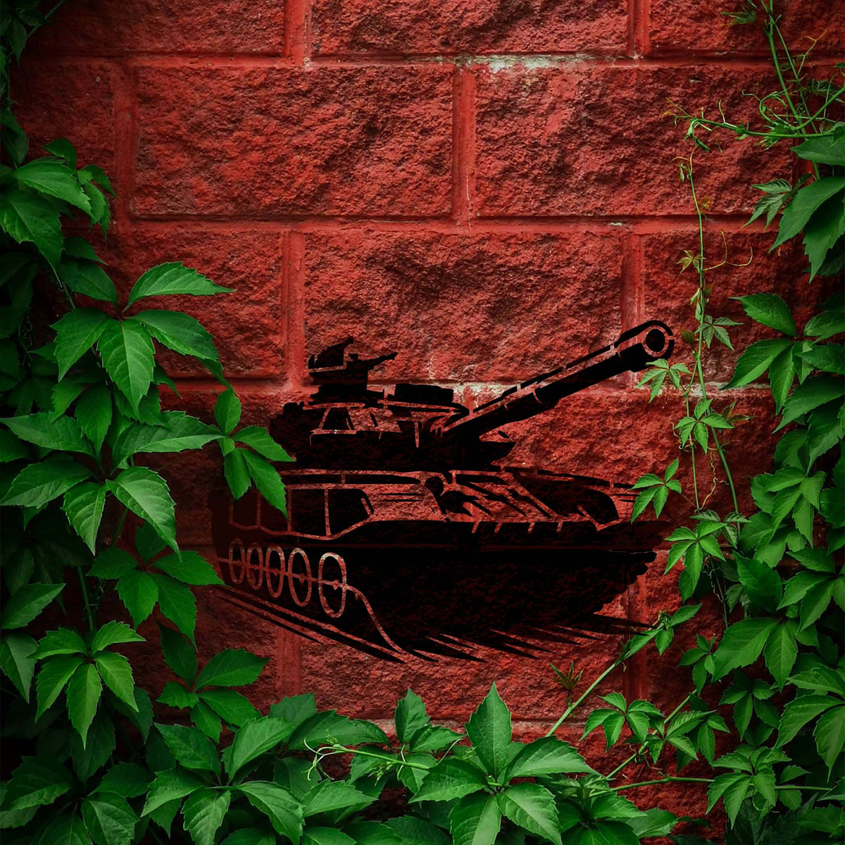 Battle Tank Stencil shows a bold armored tank with long cannon painted on a red brick wall