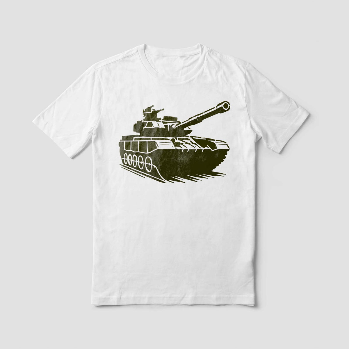 Military-inspired Battle Tank Stencil stands out in dark green across a crisp white shirt