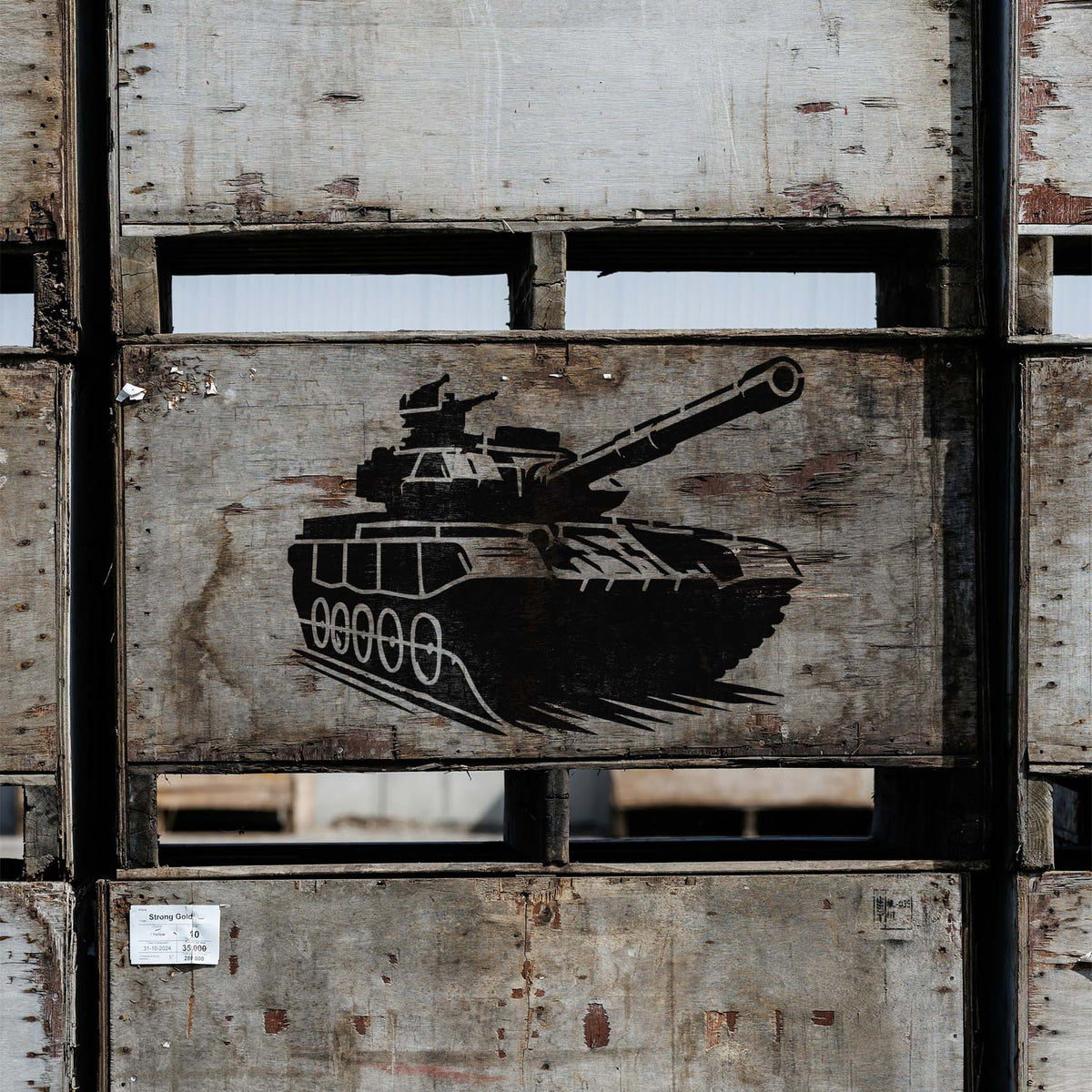 Weathered wooden crates feature the Battle Tank Stencil with detailed tracks, armor, and cannon