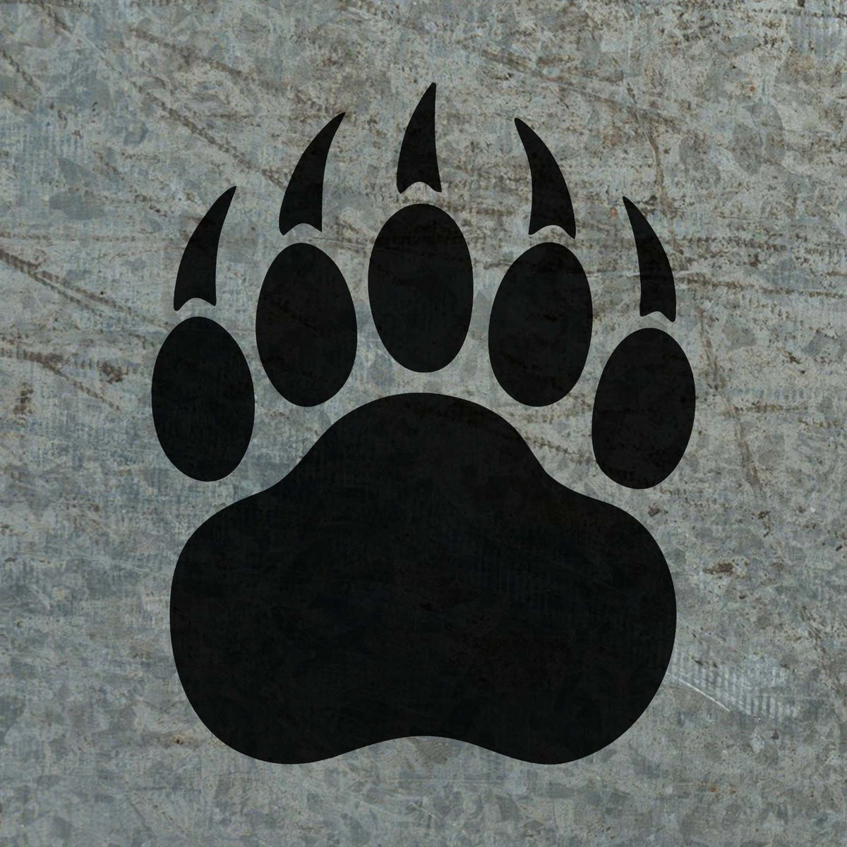 Bear Paw Print Stencil shown as a bold black paw design on a distressed metal surface.