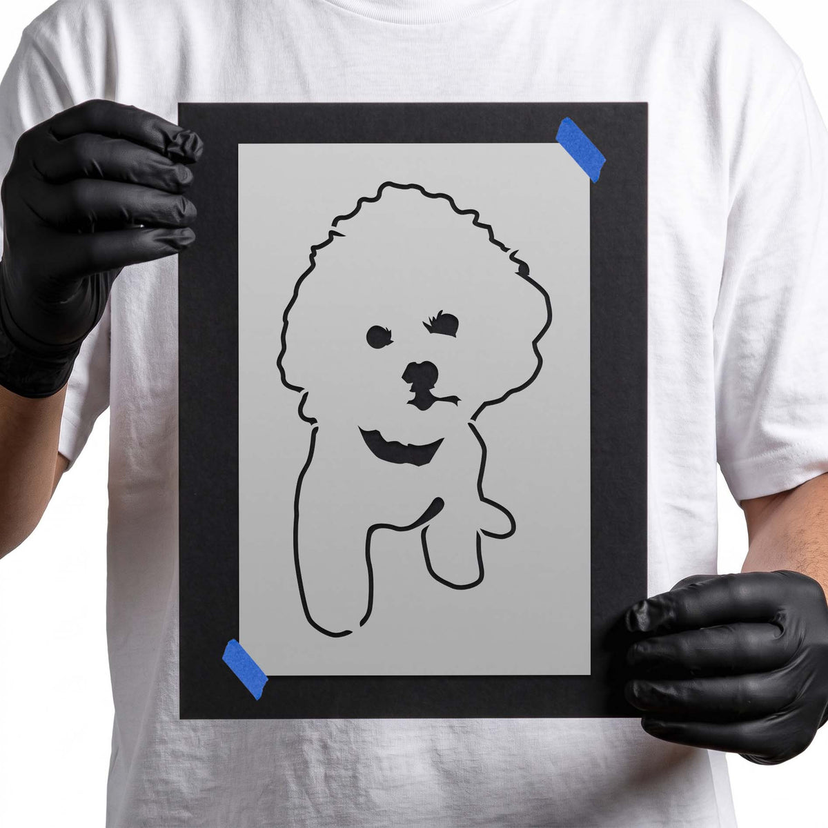 Bichon Frise Dog Stencil featuring a fluffy front-facing puppy with a raised paw